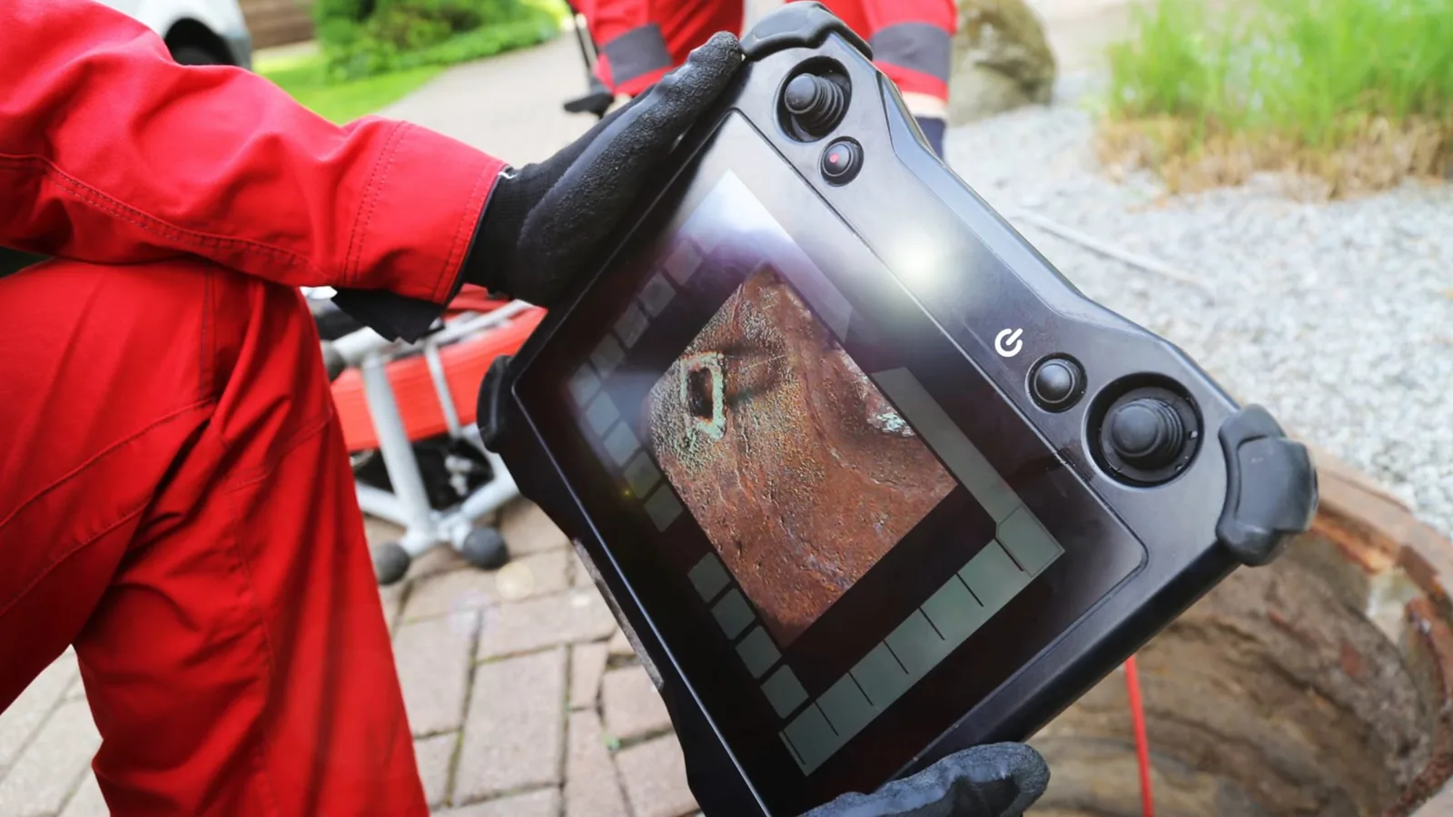 A leak detection device used to trace water loss near a pool, representing plumbing service in Johns Creek, GA
